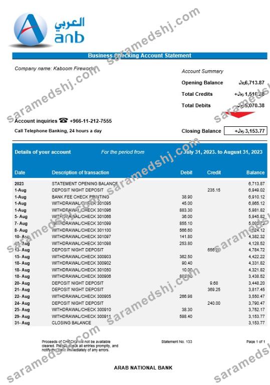 Arab National Bank company checking account statement Word and PDF template